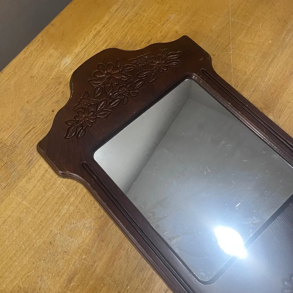 Vtg Carved Floral Dark Wood Wall Mirror Cottagecore Arched Entryway Accent 20x11